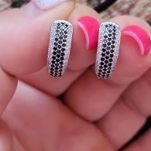 Sterling Silver Black Hoop Earring Simulated diamonds Black gothic Sparkly - Picture 6 of 15